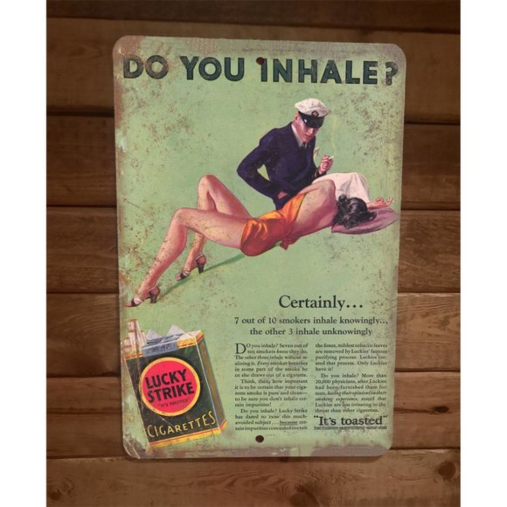 Vintage Do You Inhale Lucky Strike Ad 8x12 Metal Wall Sign